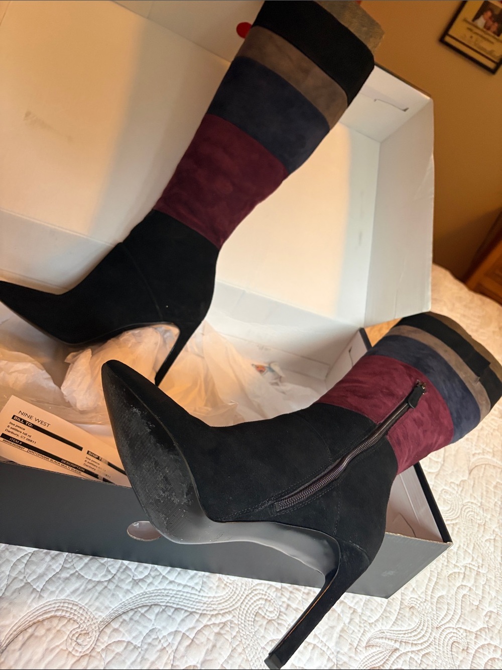 Nine West Black Suede Multicolor Panel Knee-High Stiletto Boots - Picture 2 of 3